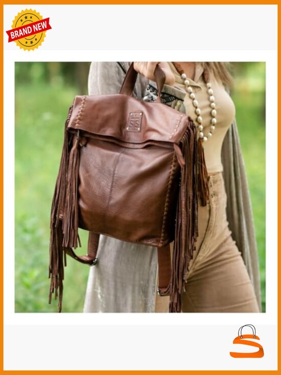 Genuine Leather Fringe Backpack Handbag, Laptop Compatible, 13\